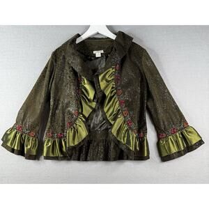 Grace Chuang NY Womens Sz L Jacket Ruffles Green Holiday Whimsical Boho Fairy